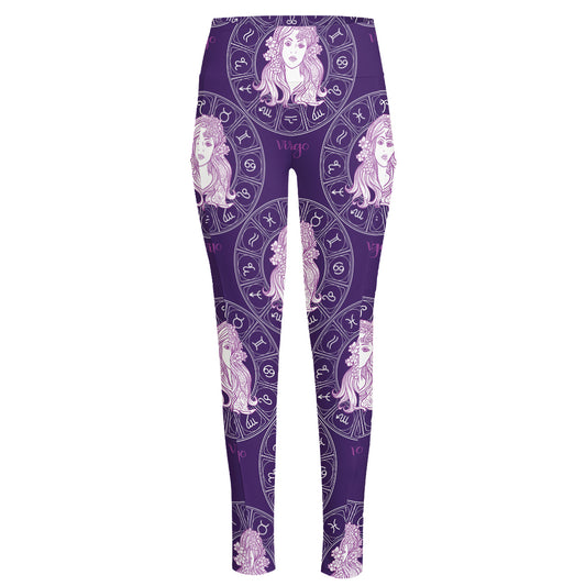 Purple Virgo Zodiac Pattern Print High-Waisted Pocket Leggings