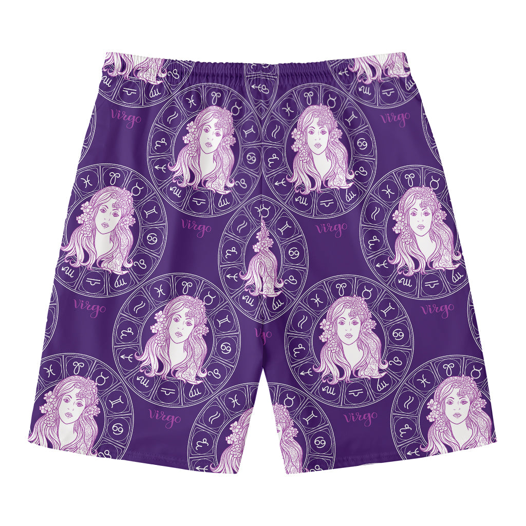 Purple Virgo Zodiac Pattern Print Men's Swim Trunks