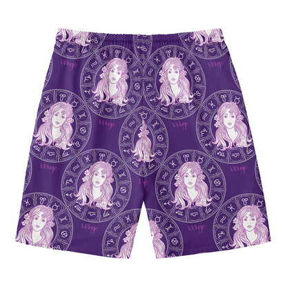 Purple Virgo Zodiac Pattern Print Men's Swim Trunks