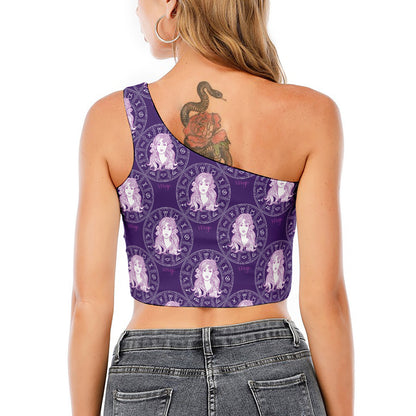 Purple Virgo Zodiac Pattern Print One Shoulder Crop Top