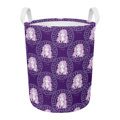 Purple Virgo Zodiac Pattern Print Round Laundry Basket