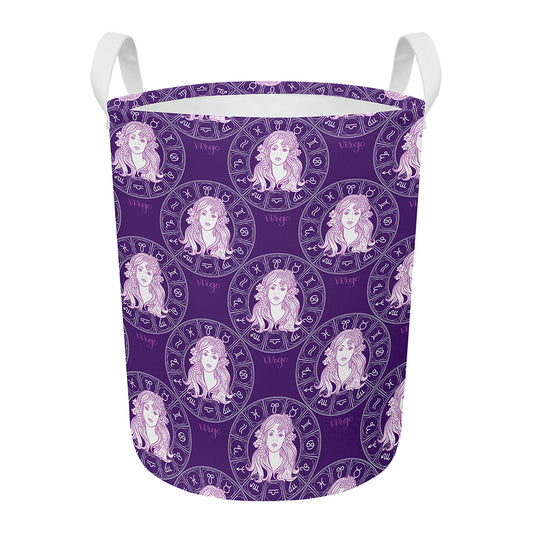 Purple Virgo Zodiac Pattern Print Round Laundry Basket