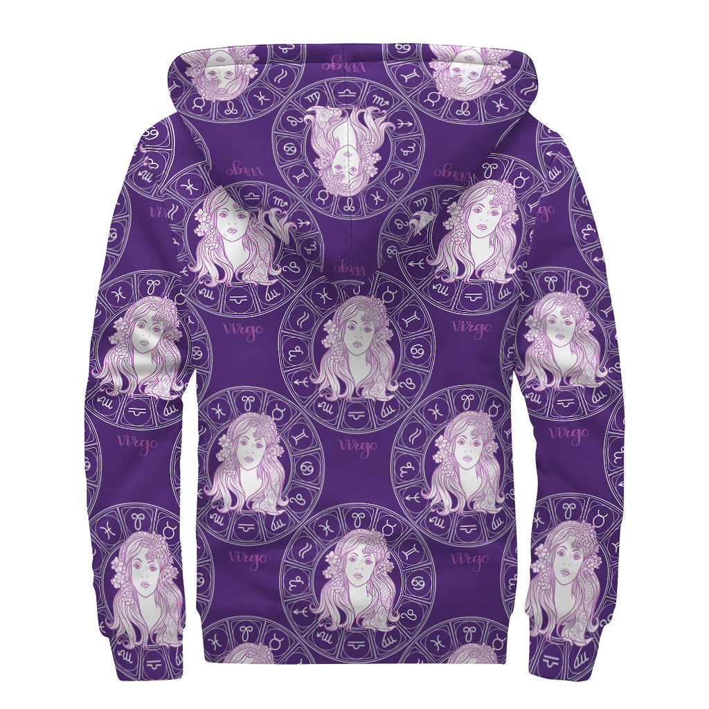 Purple Virgo Zodiac Pattern Print Sherpa Lined Zip Up Hoodie