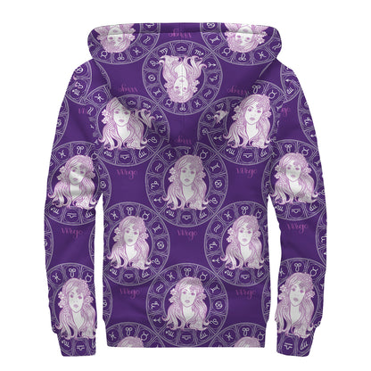Purple Virgo Zodiac Pattern Print Sherpa Lined Zip Up Hoodie