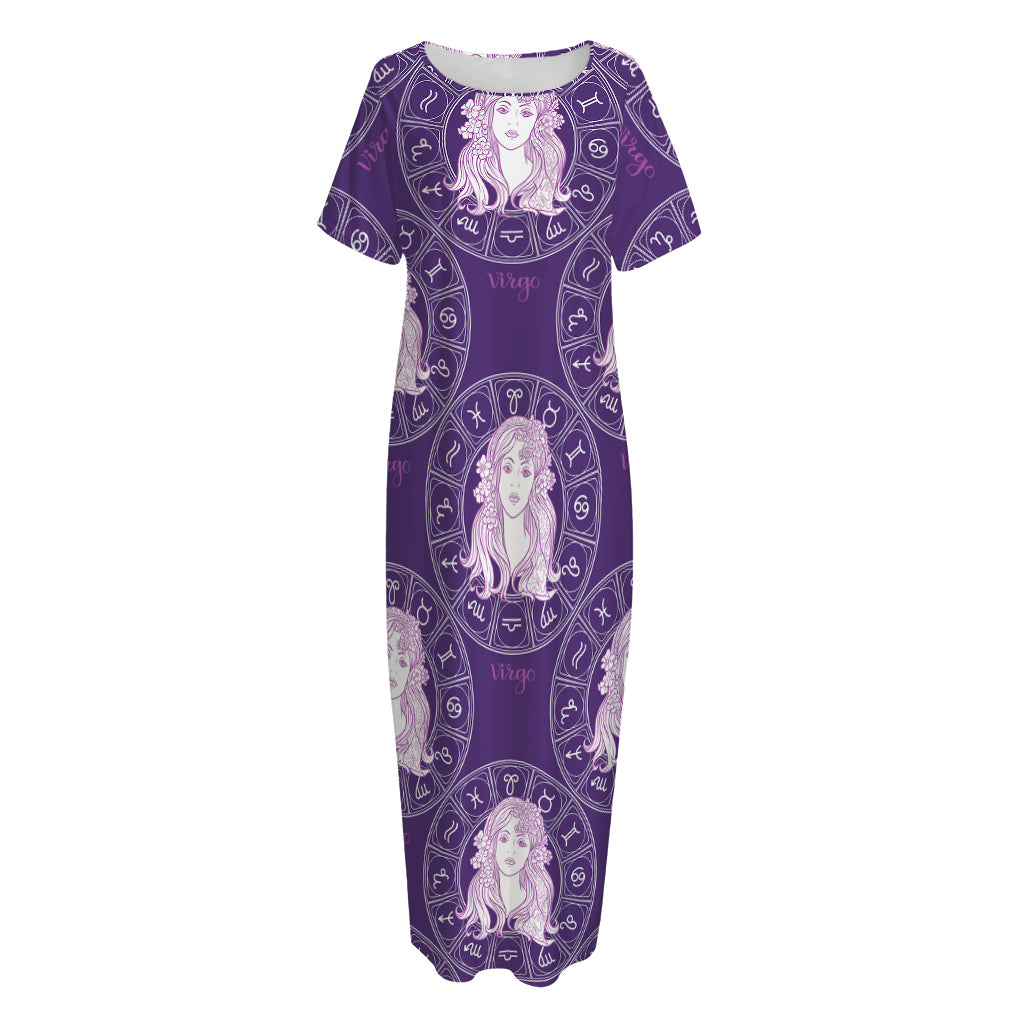 Purple Virgo Zodiac Pattern Print Short Sleeve Long Nightdress