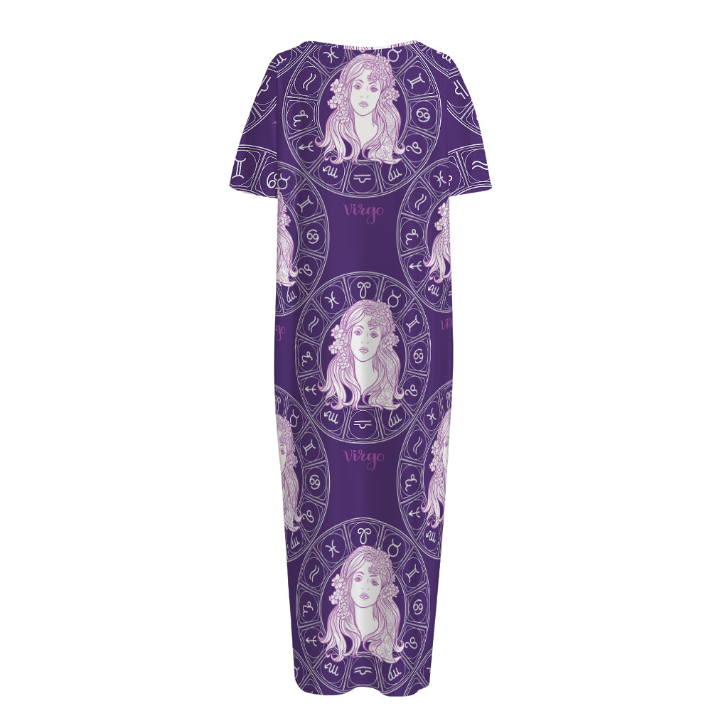 Purple Virgo Zodiac Pattern Print Short Sleeve Long Nightdress