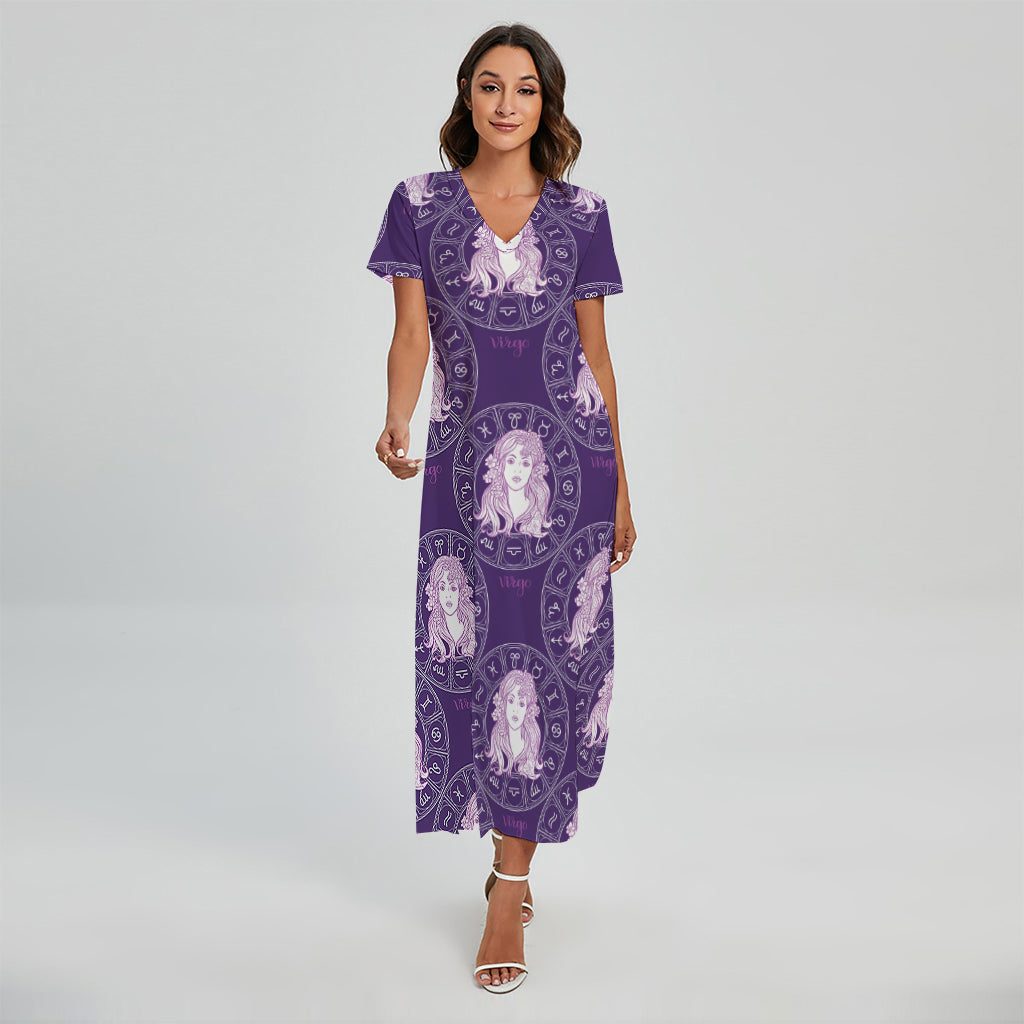Purple Virgo Zodiac Pattern Print Short Sleeve Maxi Dress