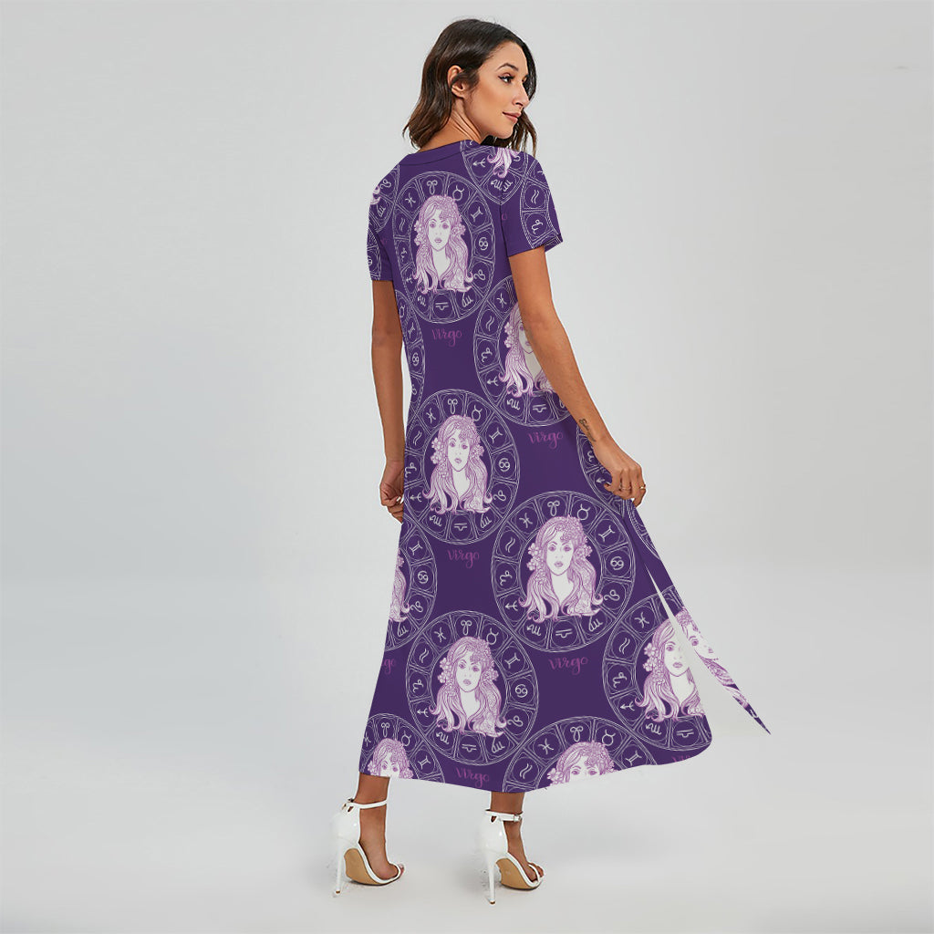Purple Virgo Zodiac Pattern Print Short Sleeve Maxi Dress