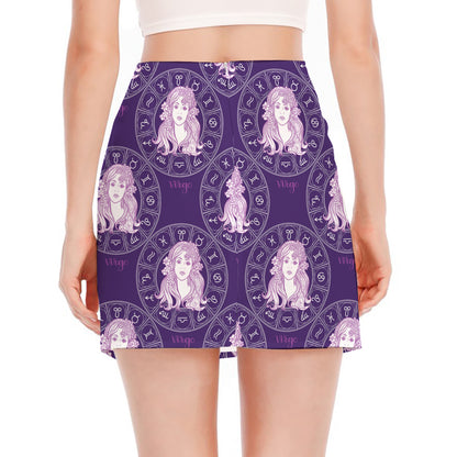 Purple Virgo Zodiac Pattern Print Side Slit Mini Skirt