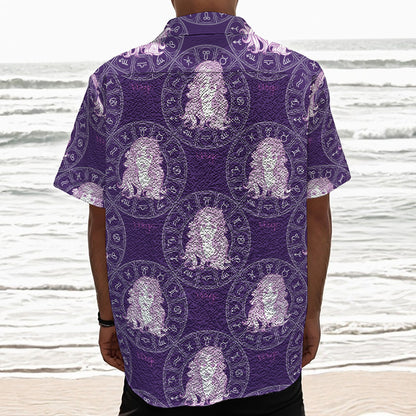 Purple Virgo Zodiac Pattern Print Textured Short Sleeve Shirt