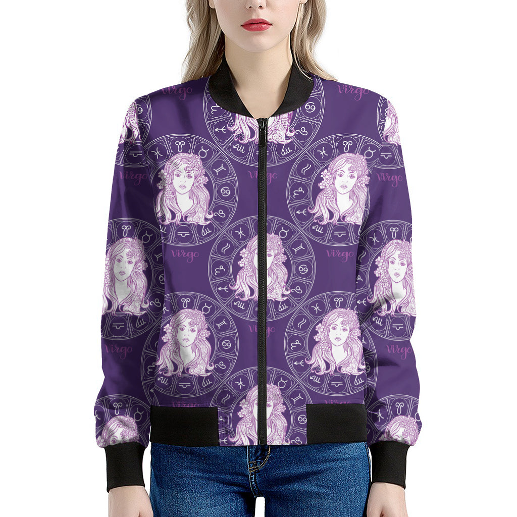 Purple Virgo Zodiac Pattern Print Women's Bomber Jacket