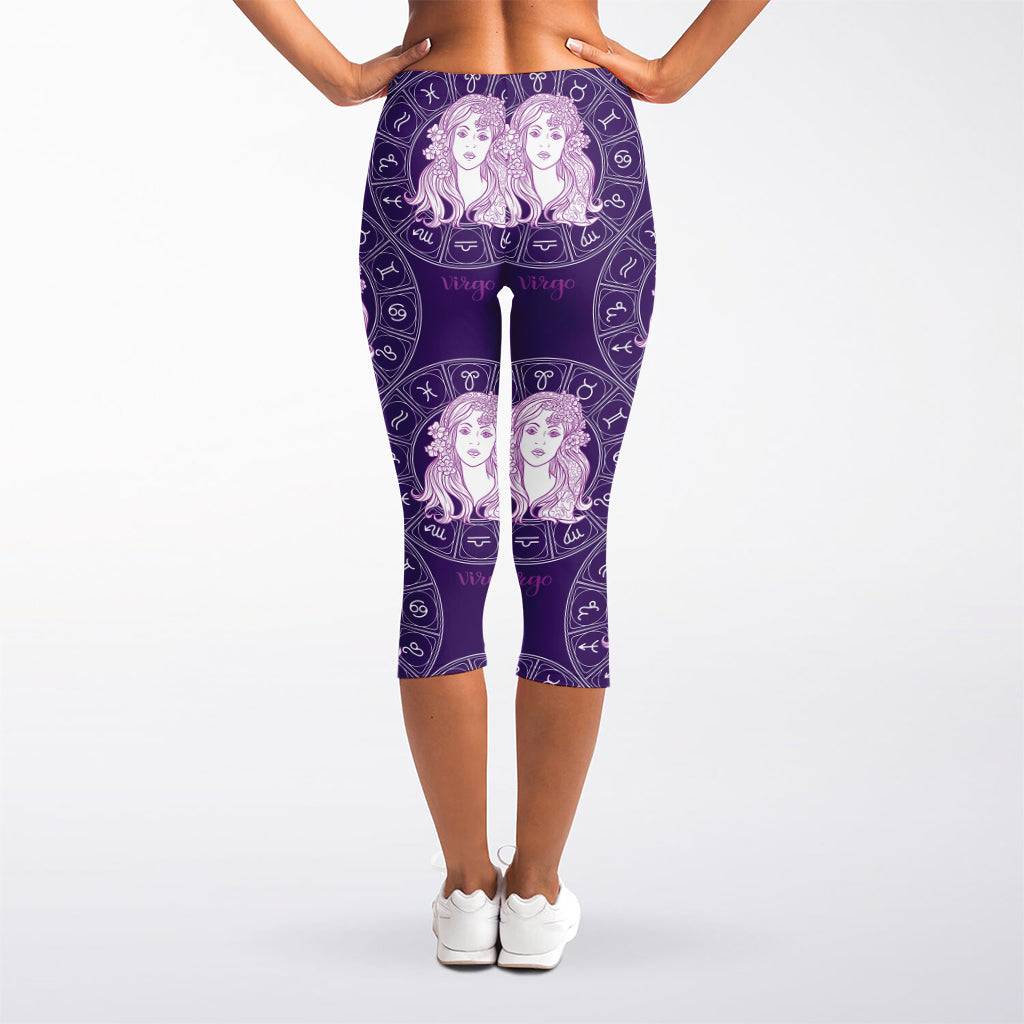 Purple Virgo Zodiac Pattern Print Women's Capri Leggings
