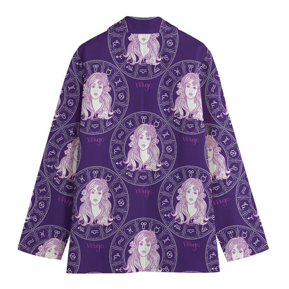 Purple Virgo Zodiac Pattern Print Women's Cotton Blazer