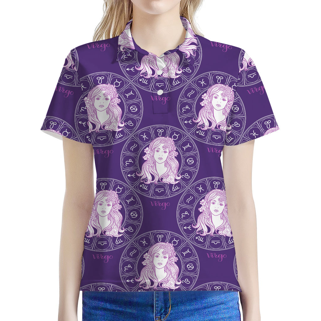 Purple Virgo Zodiac Pattern Print Women's Polo Shirt