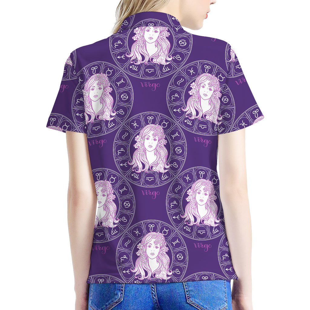 Purple Virgo Zodiac Pattern Print Women's Polo Shirt