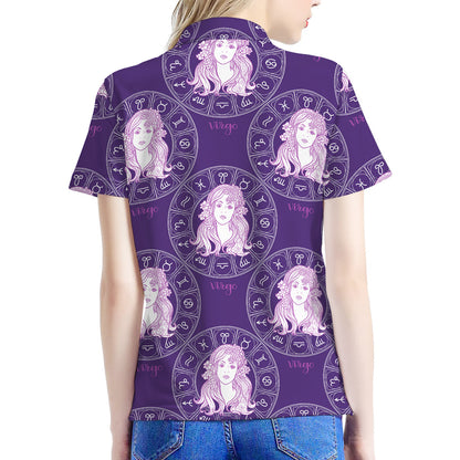 Purple Virgo Zodiac Pattern Print Women's Polo Shirt