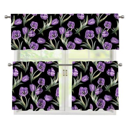 Purple Watercolor Tulip Pattern Print 3 Piece Kitchen Curtains