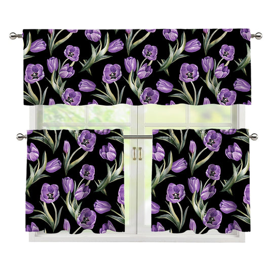 Purple Watercolor Tulip Pattern Print 3 Piece Kitchen Curtains