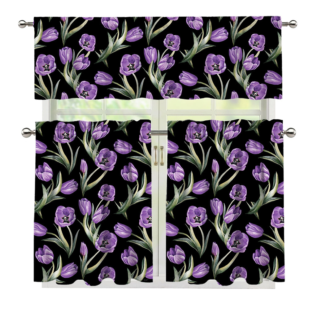 Purple Watercolor Tulip Pattern Print 3 Piece Kitchen Curtains