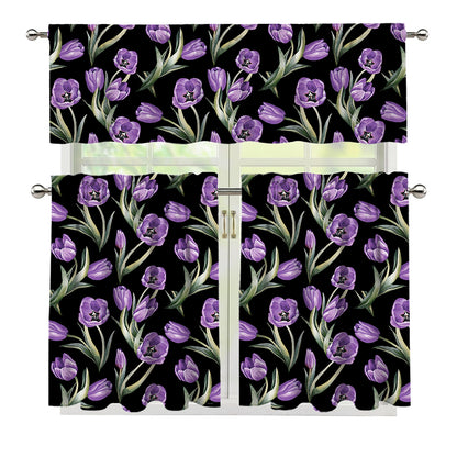 Purple Watercolor Tulip Pattern Print 3 Piece Kitchen Curtains