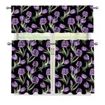 Purple Watercolor Tulip Pattern Print 3 Piece Kitchen Curtains