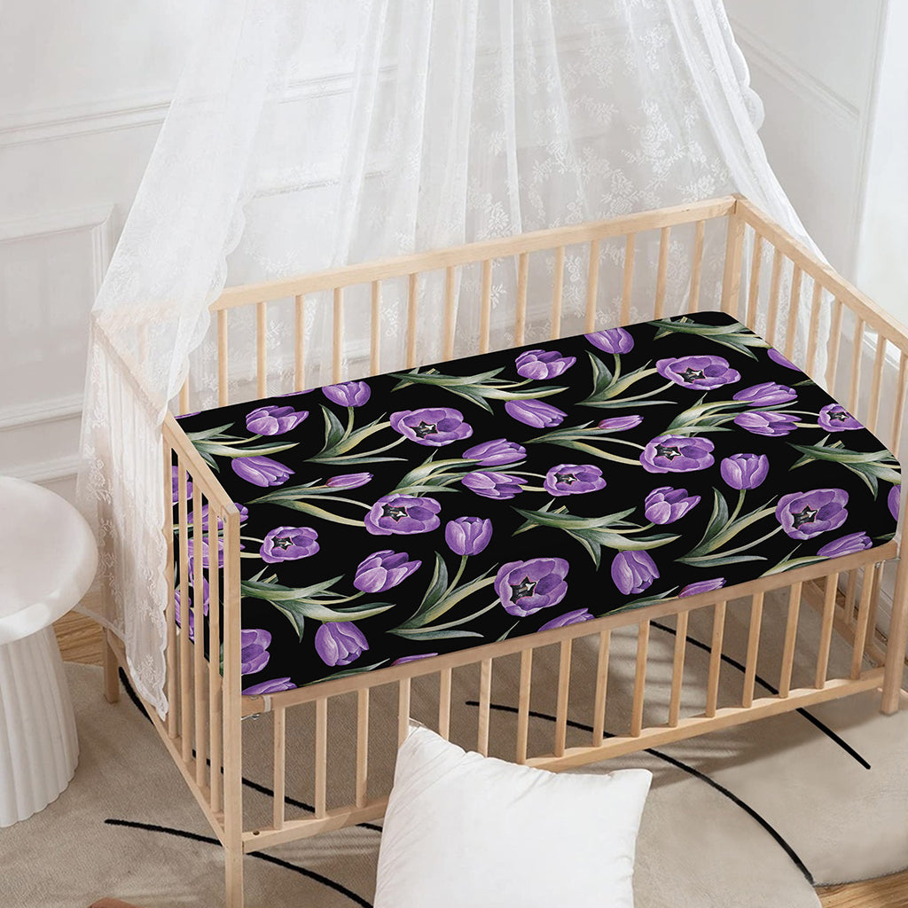 Purple Watercolor Tulip Pattern Print Baby Crib Sheet