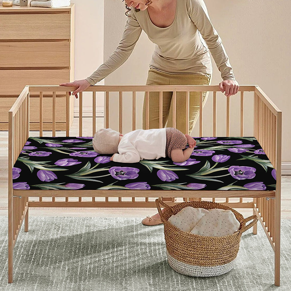 Purple Watercolor Tulip Pattern Print Baby Crib Sheet