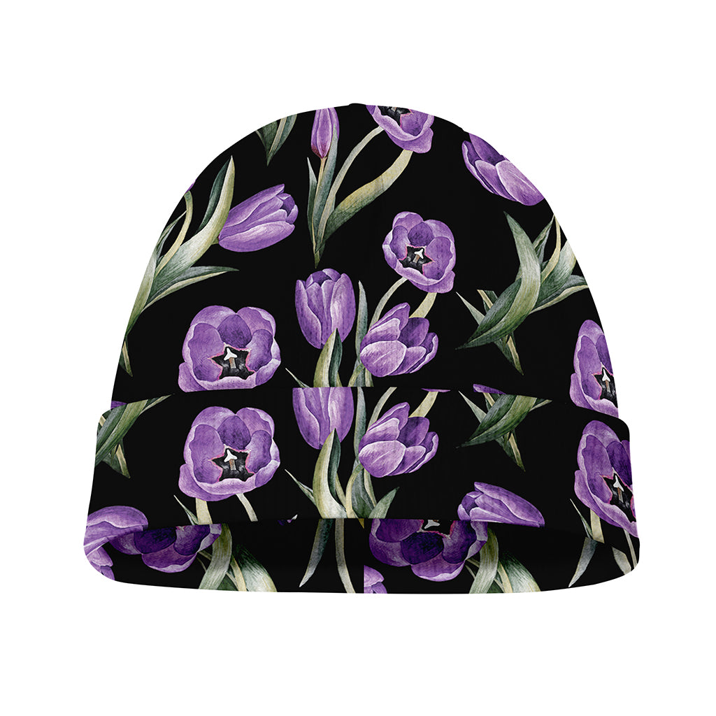 Purple Watercolor Tulip Pattern Print Beanie