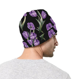 Purple Watercolor Tulip Pattern Print Beanie