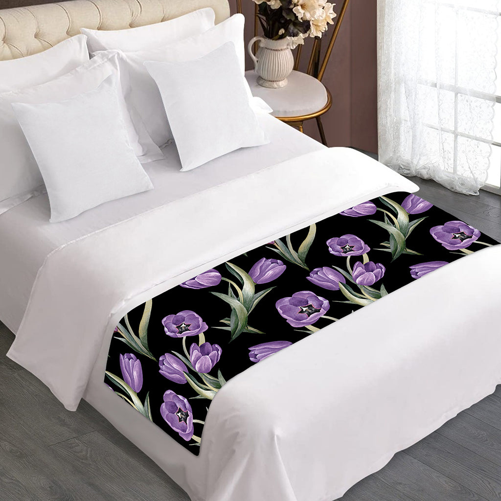 Purple Watercolor Tulip Pattern Print Bed Runner