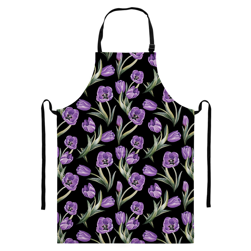 Purple Watercolor Tulip Pattern Print Bib Apron With Pocket