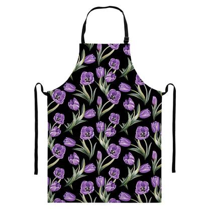 Purple Watercolor Tulip Pattern Print Bib Apron With Pocket