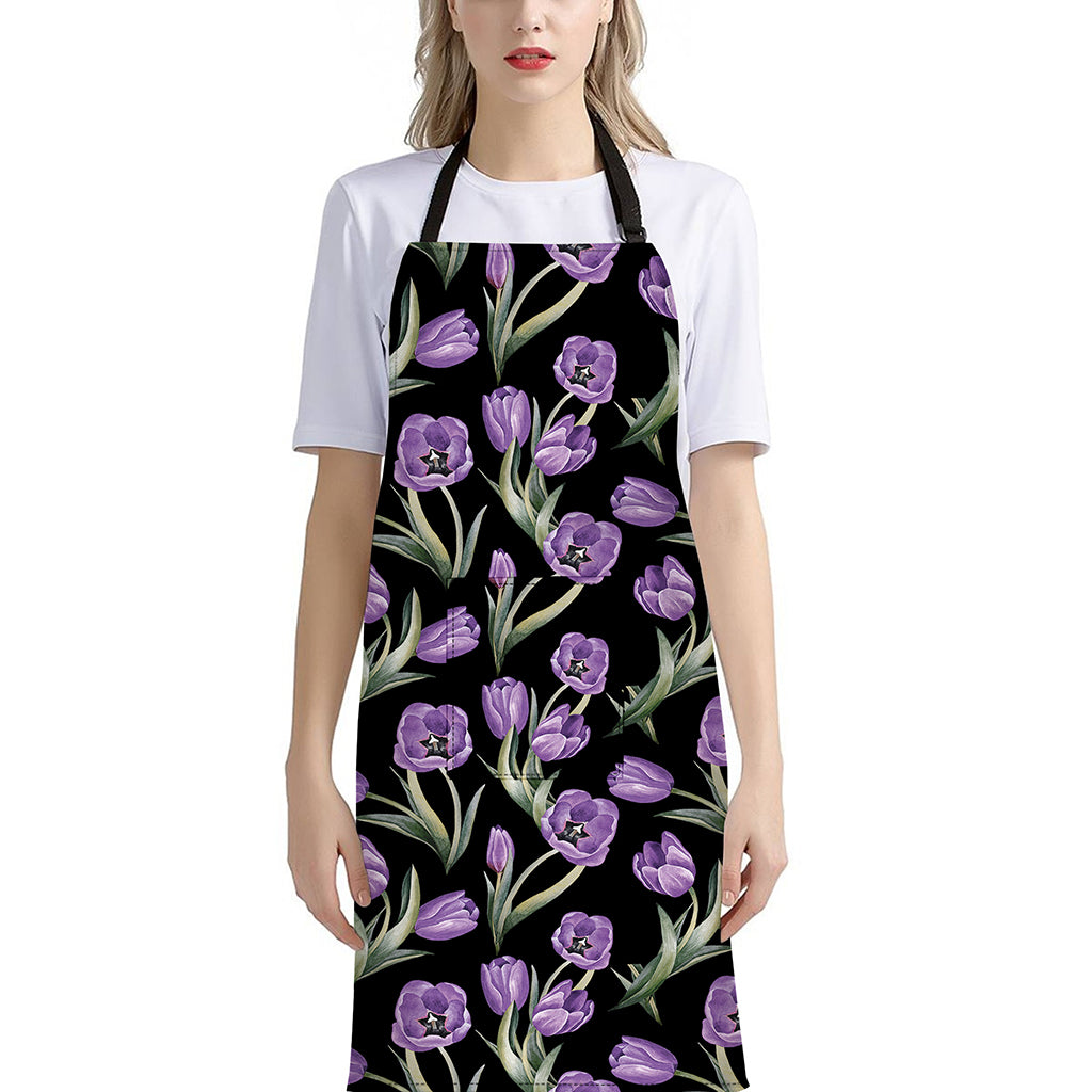 Purple Watercolor Tulip Pattern Print Bib Apron With Pocket