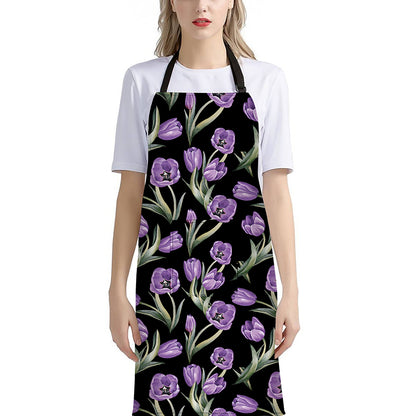Purple Watercolor Tulip Pattern Print Bib Apron With Pocket