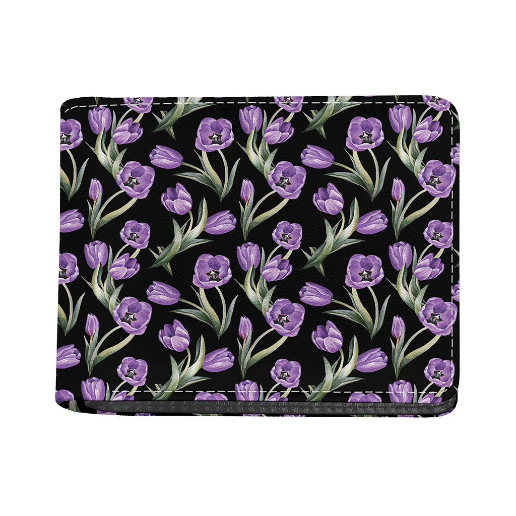 Purple Watercolor Tulip Pattern Print Bifold Wallet