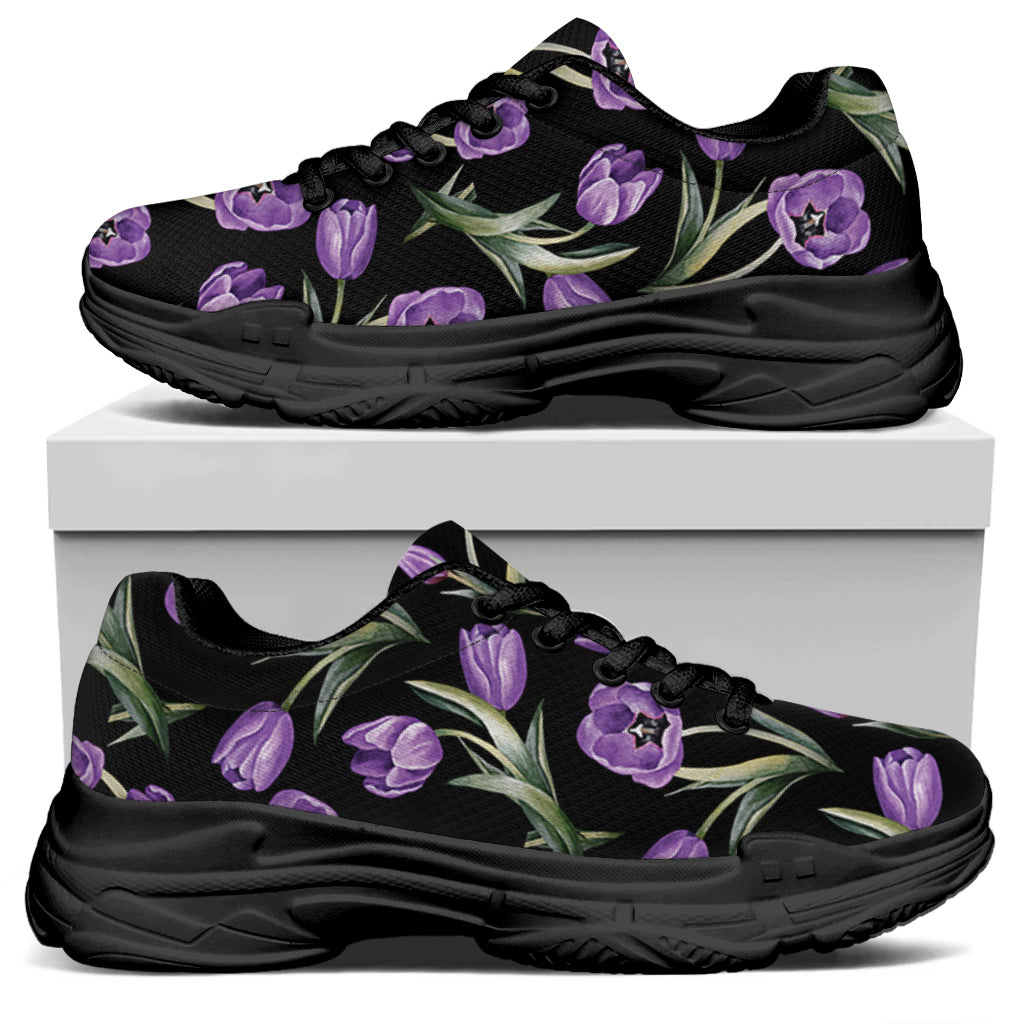 Purple Watercolor Tulip Pattern Print Black Chunky Shoes