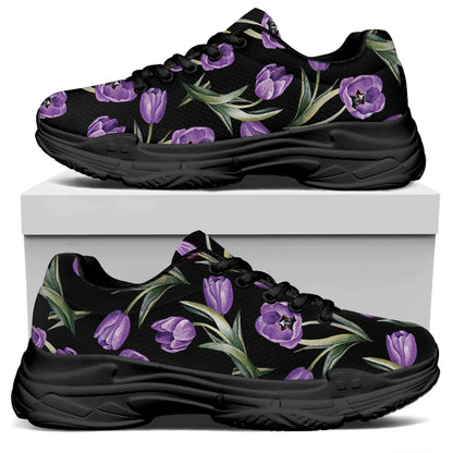 Purple Watercolor Tulip Pattern Print Black Chunky Shoes