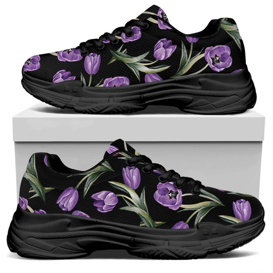 Purple Watercolor Tulip Pattern Print Black Chunky Shoes