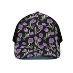 Purple Watercolor Tulip Pattern Print Black Mesh Trucker Cap
