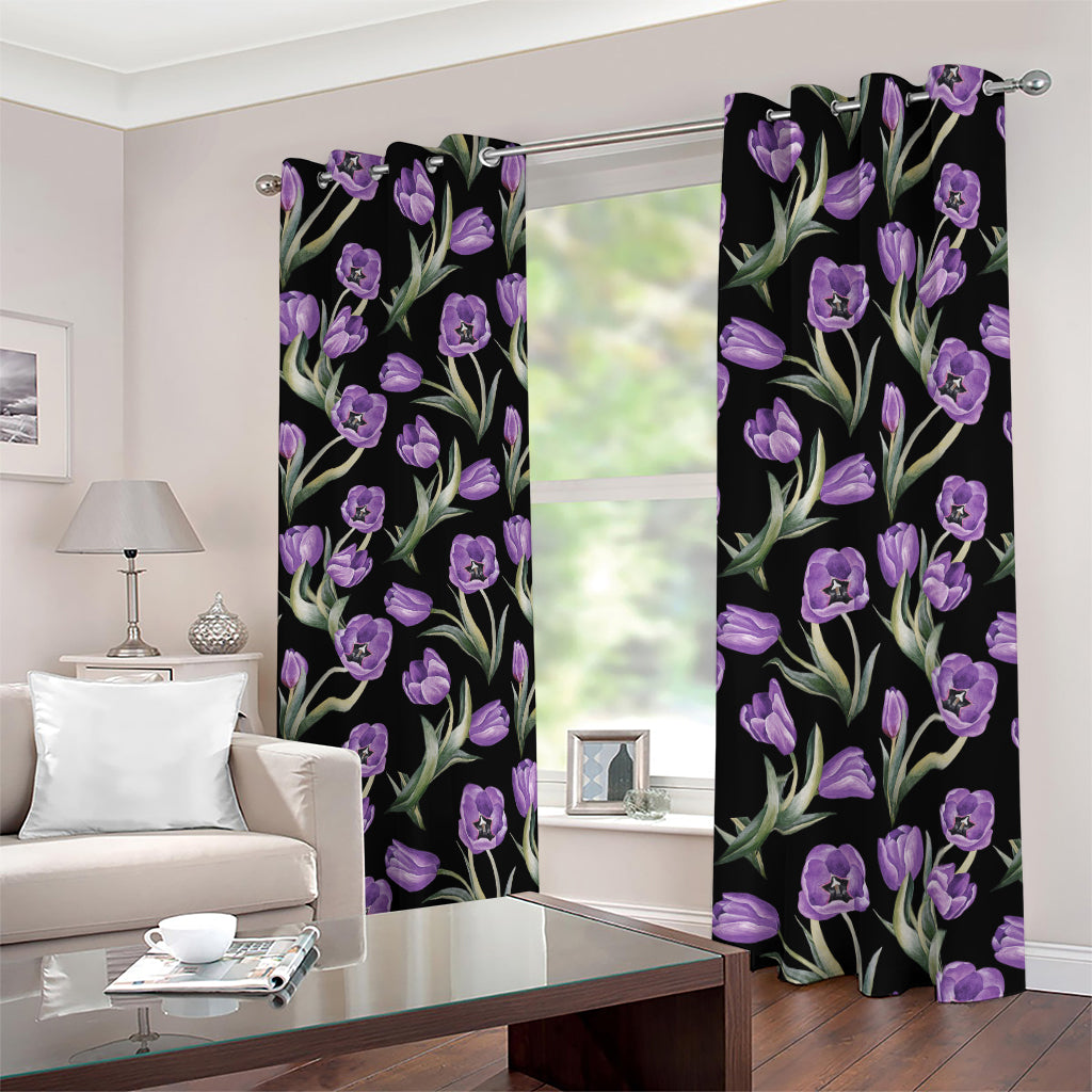 Purple Watercolor Tulip Pattern Print Blackout Grommet Curtains