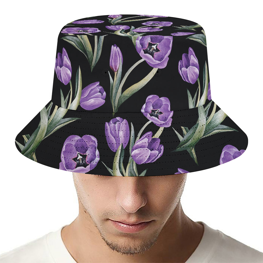 Purple Watercolor Tulip Pattern Print Bucket Hat