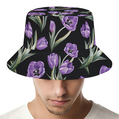 Purple Watercolor Tulip Pattern Print Bucket Hat