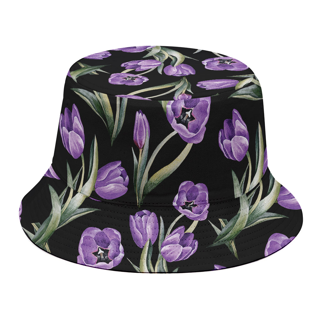Purple Watercolor Tulip Pattern Print Bucket Hat