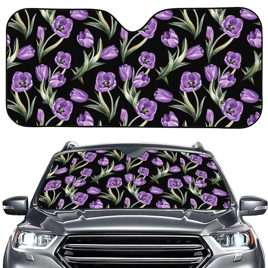 Purple Watercolor Tulip Pattern Print Car Windshield Sun Shade