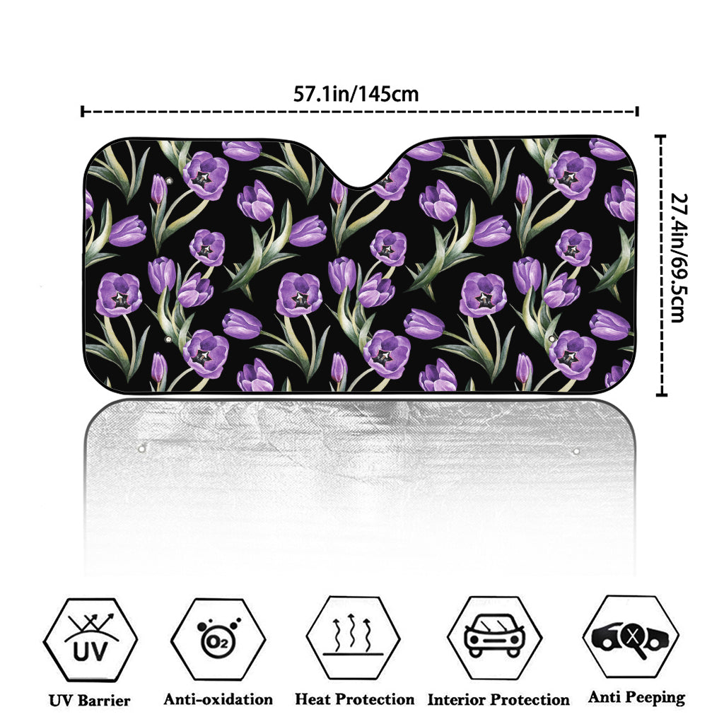 Purple Watercolor Tulip Pattern Print Car Windshield Sun Shade