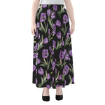 Purple Watercolor Tulip Pattern Print Chiffon Maxi Skirt