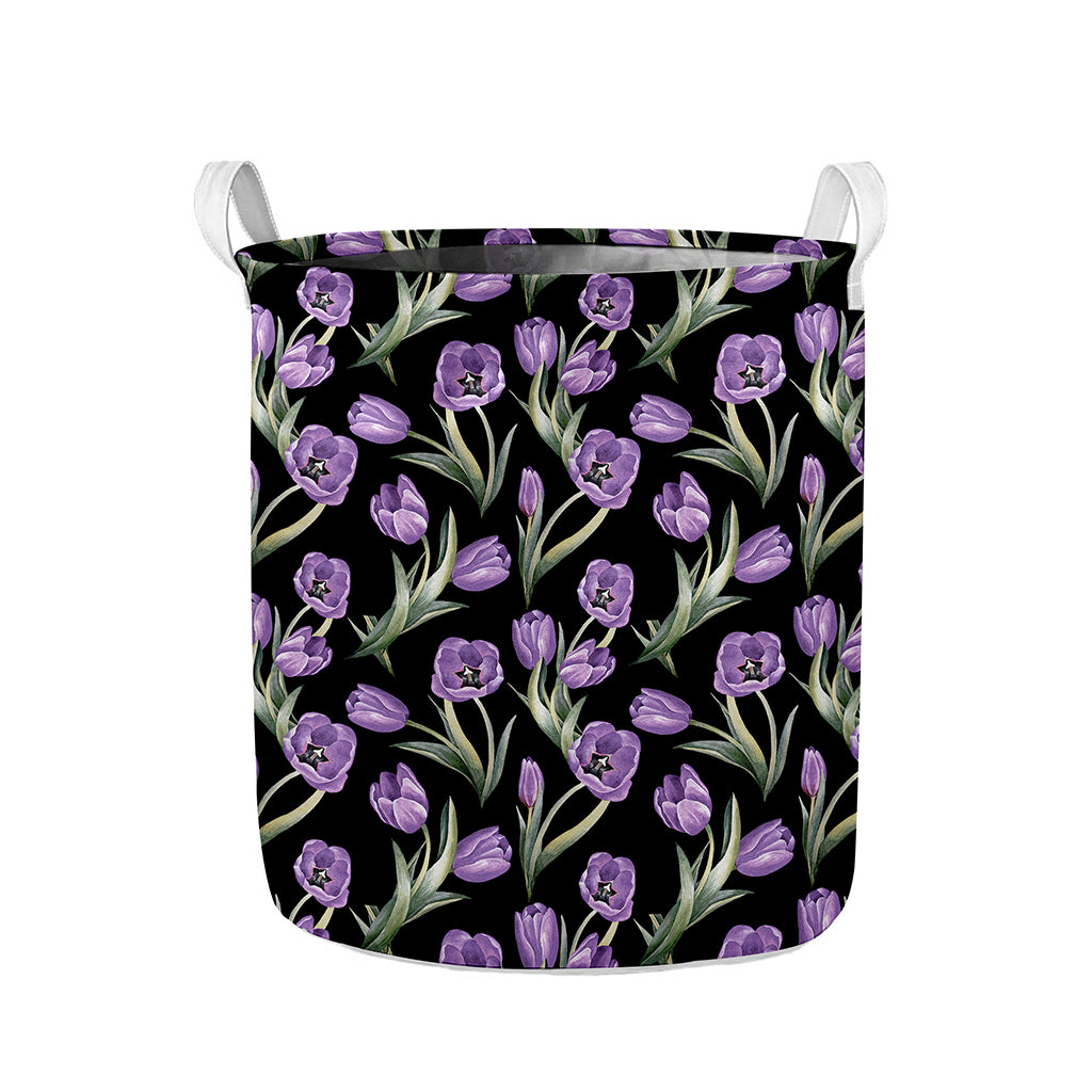 Purple Watercolor Tulip Pattern Print Collapsible Laundry Basket