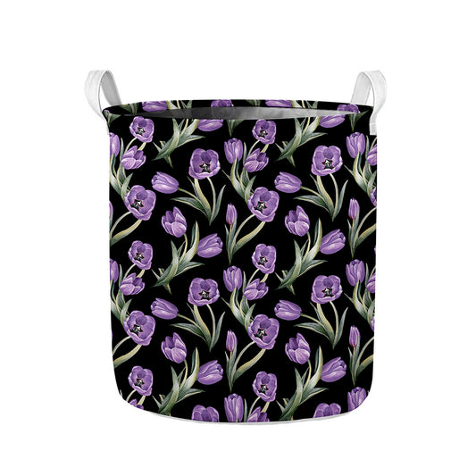Purple Watercolor Tulip Pattern Print Collapsible Laundry Basket
