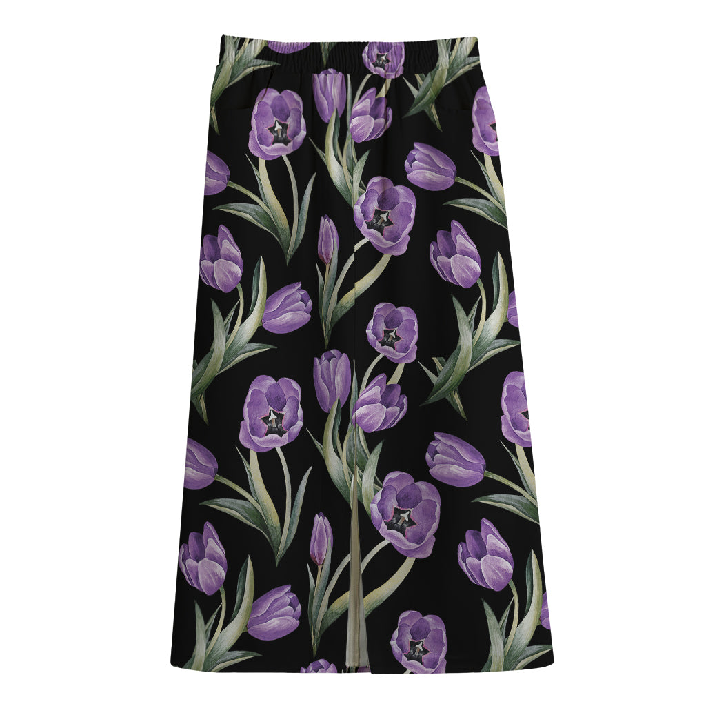 Purple Watercolor Tulip Pattern Print Cotton Front Slit Maxi Skirt