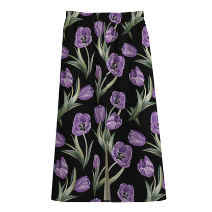 Purple Watercolor Tulip Pattern Print Cotton Front Slit Maxi Skirt